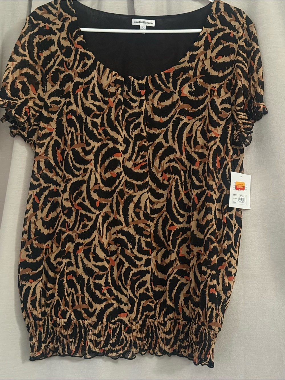 Croft & Barrow XL Women's Abstract Animal Print Short Sleeve Smocked Blouse